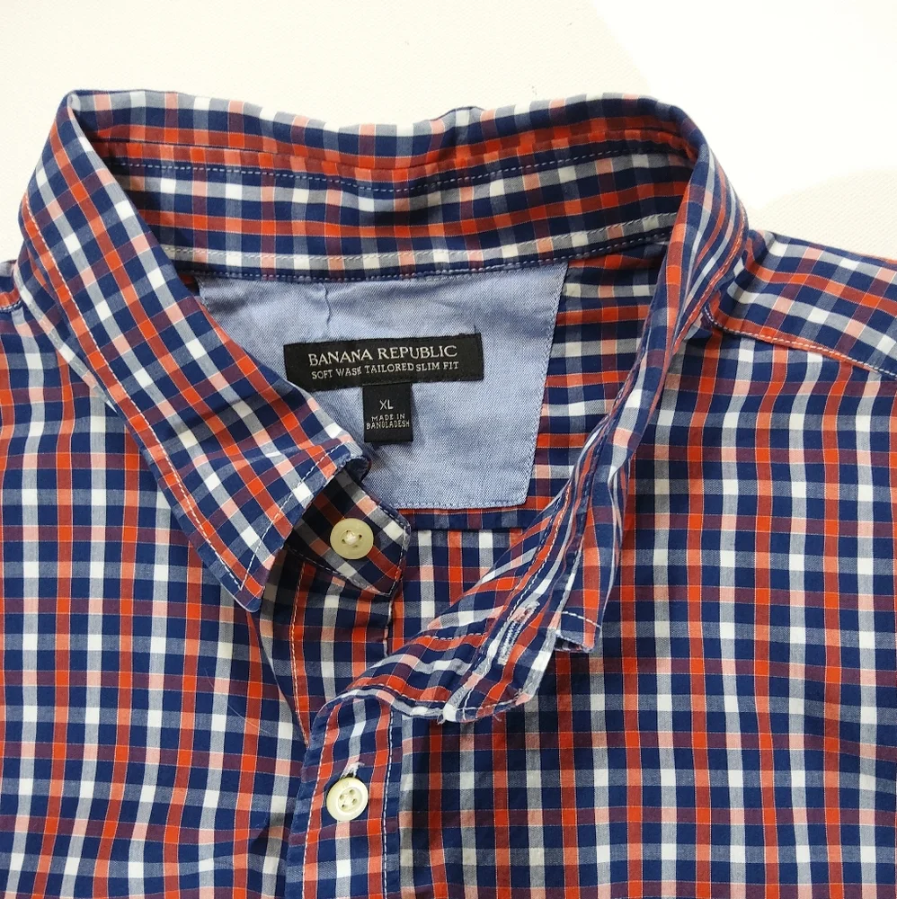 Banana Republic‎ Mens Button Down XL Red Blue Gingham Tailored Slim Fit Preppy
